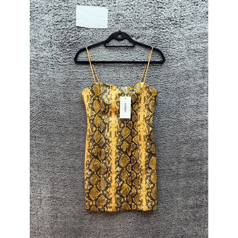 NWT Likely Faux Leather Hayley Mini Sheath Dress Gold Phyton Womens Size 6